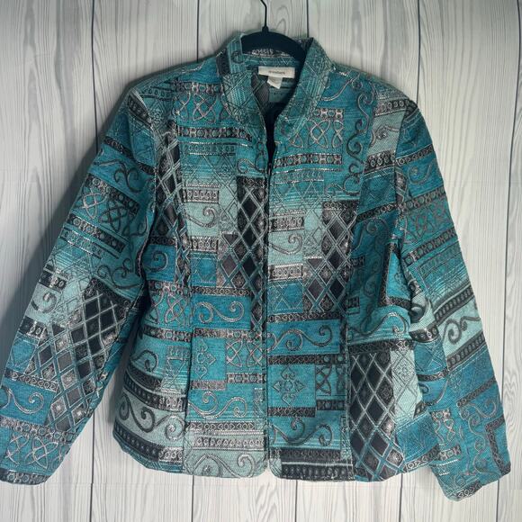 Vintage Dressbarn Womens Tapestry Blazer Jacket Sz XL Teal Art to Wear Full Zip - Picture 2 of 10